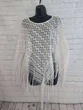 Women's Cream Lace Fringe Lightweight  Poncho Y2k